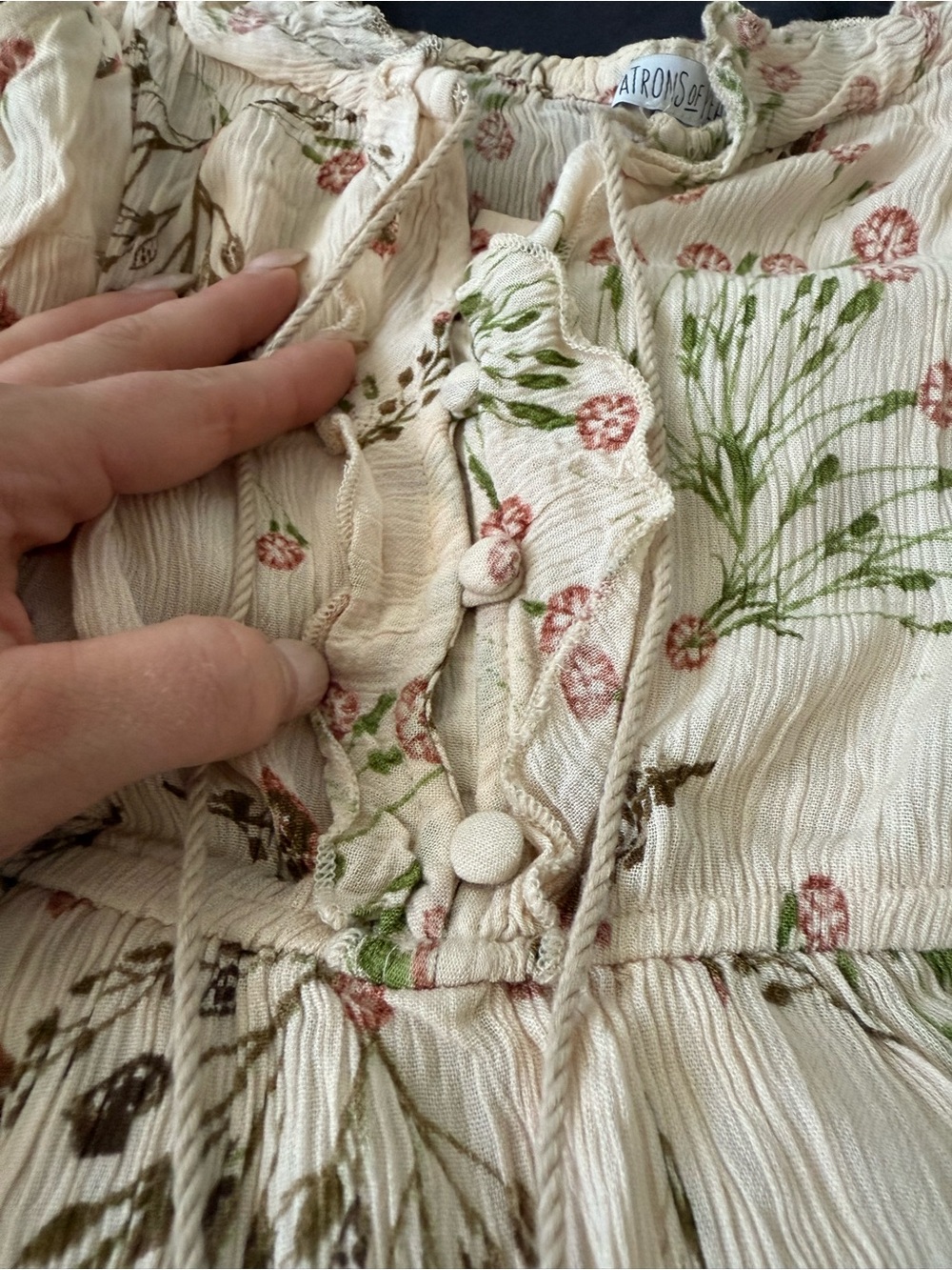 Patrons of Peace Cream Boho Dress with Green and Pink Floral Print - Picture 3 of 4